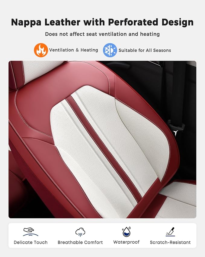 Huidasource Red White Front Seat Cover, Luxury Faux Leather Front Car Seat Cover Front Seats, Compatible with Airbags, Cooling＆Heating, Universal Fit for Most Cars, Vans, Trucks, SUVs, Red＆White - Image 5