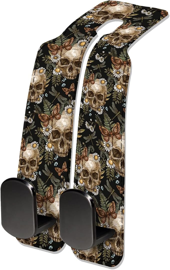 Car Seat Headrest Hook, Universal Leather Cute Hanger Holder Hook, Storage Organizer Interior Accessories for Purse Bags Handbag Cute Retro Flower Skulls by NUGGHU
