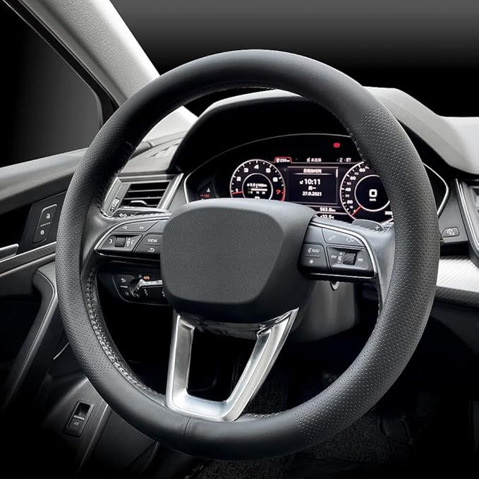 LKWLIKEI Nappa Premium Leather car Steering Wheel Cover, Non-Slip, Breathable, Universal 15 inches, Black. - Image 3