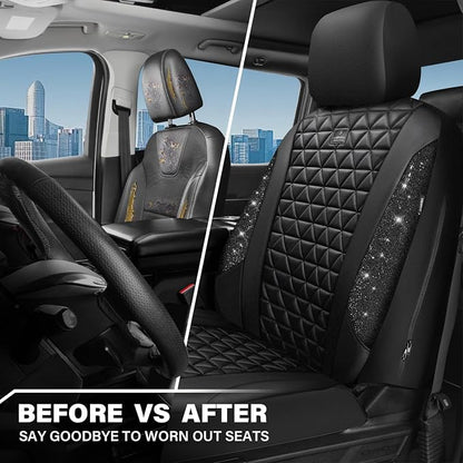 CAR PASS Bling Diamond Leather Car Seat Covers 2 Front Seats Interior Sets, Waterproof Shining Glitter Sparkly Crystal Universal Armrest Fit Automotive Truck SUV Cute Women Girl, Black PU Rhinestone - Image 6