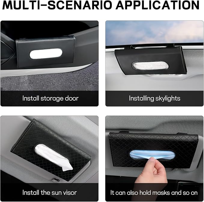 Car Tissue Holder, PU Leather Sun Visor Tissue Box (Plaid-Beige) | Wear-Resistant & Waterproof, Napkin & Mask Dispenser, Metal Memory Clips, Easy Refill, Fits Most Vehicles - Image 5