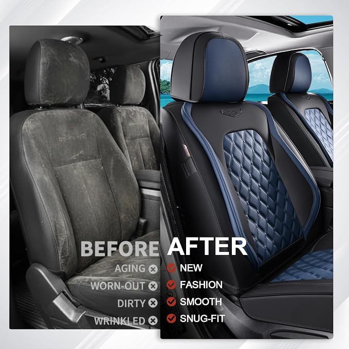 Coverado Car Seat Covers Front Seats, Sporty Non-Slip Waterproof Faux Leather Full Set with Rear Protectors for Trucks SUVs, Mens Automotive Interior – BlackBlue - Image 7
