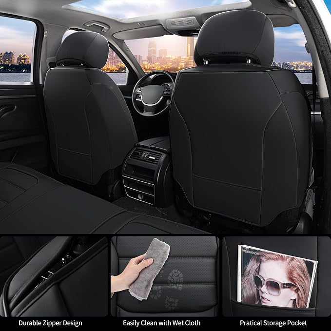 Car Seat Covers Full Set, 5Pcs Universal Leather Seat Covers for Cars, Waterproof Front and Rear Seat Covers Breathable Automotive Vehicle Seat Cover for Most Trucks, SUVs, Sedans, Black - Image 5