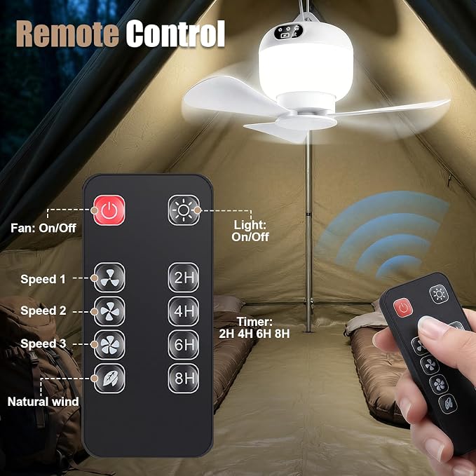 Camping Fan with Light & Remote, Portable Ceiling Fan Wireless Rechargeable Tent Fan with 4 Speeds,3 Light Modes,Timer, Battery Powered Fan for Tents, Canopy, Beach, RV, Car, Camper & Outdoor - Image 7