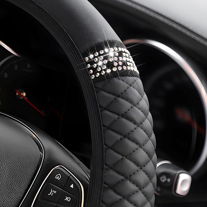 Osilly 15 Inch Rhinestone Leather Steering Wheel Cover, Black | breathable non-slip surface, flexible ringless design, hand-stretch setup, fits matching rim sizes, automotive accessories - Image 3