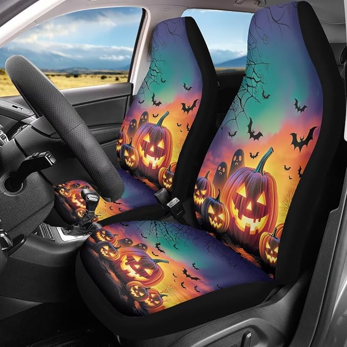 Halloween Pumpkin Bats Car Seat Covers Front Set Seat Protector | Washable and Breathable Automotive Seat Covers Universal for Cars SUV Truck Vans Sedans, Car Interior Accessories - Image 2