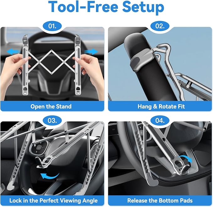 Car Laptop Mount steering Wheel Tray Holder, Height Adjustable Car Desk for Laptop iPad Computer Tablet, Foldable Portable Lap Laptop Stand for Car Vehicle Workstation for Truck SUV Tesla Motorhome - Image 5