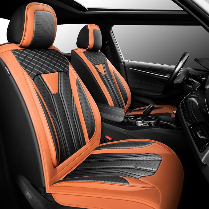 Fit Versa Car Seat Covers Premium Leather for Nissan Versa 2009-2025 2026. Waterproof， Breathable, Scratch-Resistant & All-Weather Seat Cushion Protector（2 Front Seats,Orange&Black by Unknown