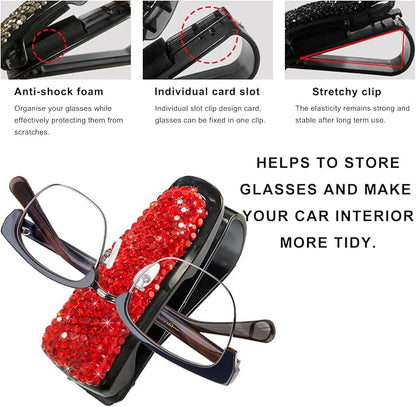 2 PCS Glasses Holders for Car Sun Visor, Bling Crystal Rhinestones Car Sunglasses Holder with Ticket Card Clip, Eyeglasses Hanger Mount for Women Girls, Car Interior Accessories (Red) - Image 3