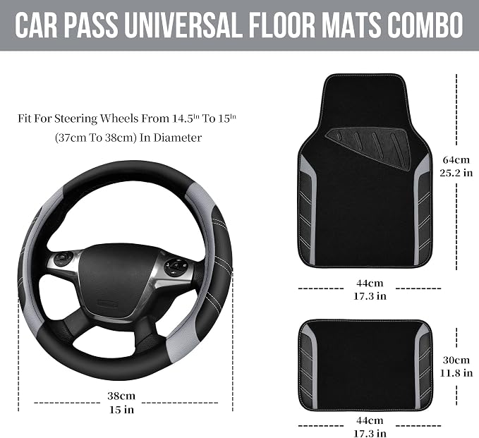 CAR PASS Leather Steering Wheel Cover and Waterproof Car Floor Mats,Microfiber Universal Car Combo Fit for 95% Sedan,SUV,Cars,14.5-15inch Sporty Anti-Slip Safety Comfortable Design(Black＆Gray) - Image 3