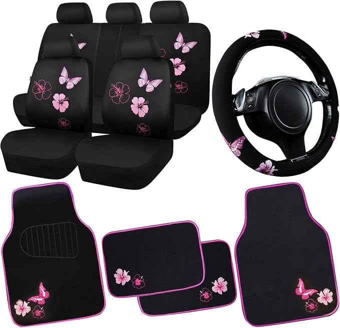 CAR PASS Universal Cloth Butterfly Car Seat Covers Full Set, Embroidered Flower Waterproof Car Floor Mats Carpet, Butterflies Steering Wheel Cover for Car Accessories Interior Sets (Black and Pink) by CARPASS