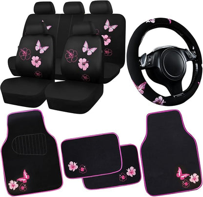 CAR PASS Universal Cloth Butterfly Car Seat Covers Full Set, Embroidered Flower Waterproof Car Floor Mats Carpet, Butterflies Steering Wheel Cover for Car Accessories Interior Sets (Black and Pink) by CARPASS