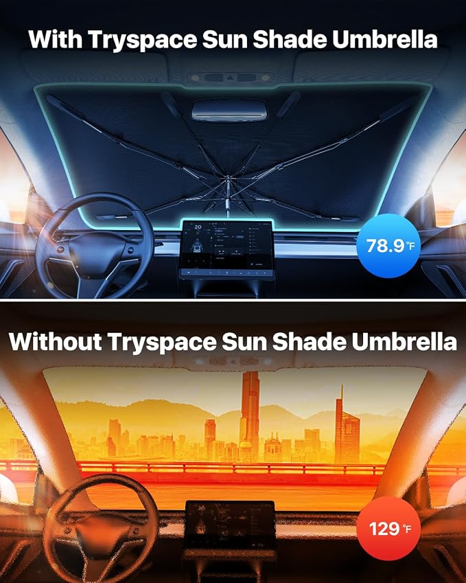 TrySpace Car Windshield Sun Shade Umbrella - [Nano-Ice-Crystal Coatings] Protect Car from Sun Rays & Heat Damage Keep Cool and Protect Interior Medium (56" L x 31" W) - Image 2