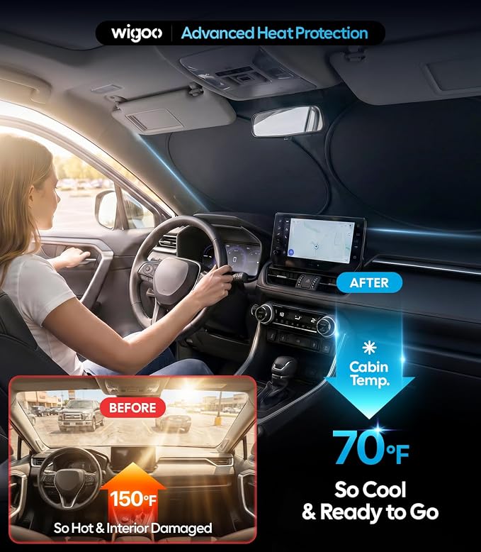 Wigoo Windshield Sunshade X-Small(59"x21") | Better Coverage with Adjustable Center, 100% Light Blocking, Cooling Tech Durable Fabric, Includes Storage Bag, Odor-free - Image 2