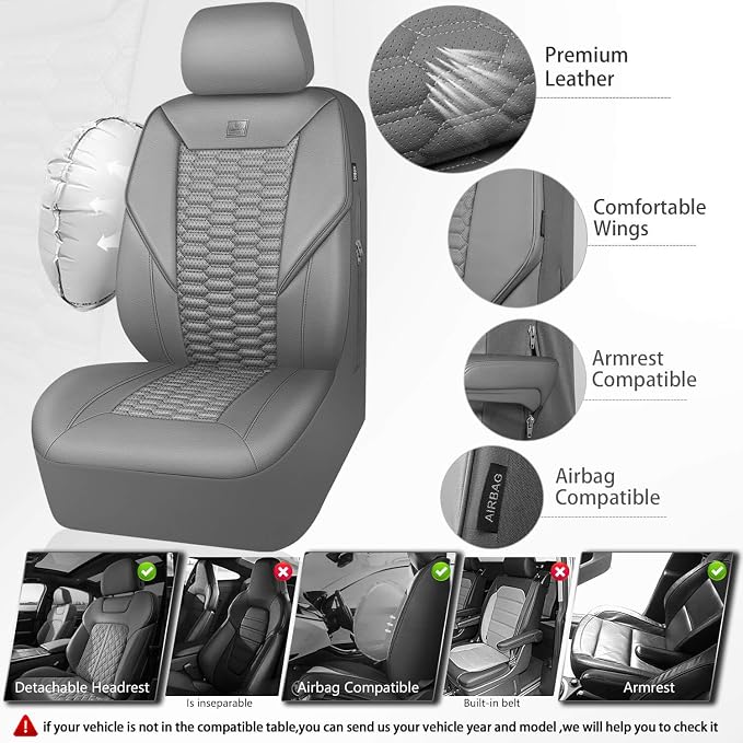 CAR PASS 3D Foam Faux Leather Car Seat Covers Full Set, Grey Breathable PU Leather Seat Covers for Cars, Luxury Universal Fit for SUVs Vans Sedan Truck Automotive, Armrest Airbag Compatible, All Gray - Image 3
