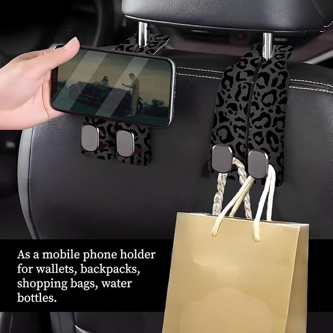 Car Seat Headrest Hook, Universal Leather Cute Hanger Holder Hook, Storage Organizer Interior Accessories for Purse Bags Handbag Luxury Black Leopard - Image 2
