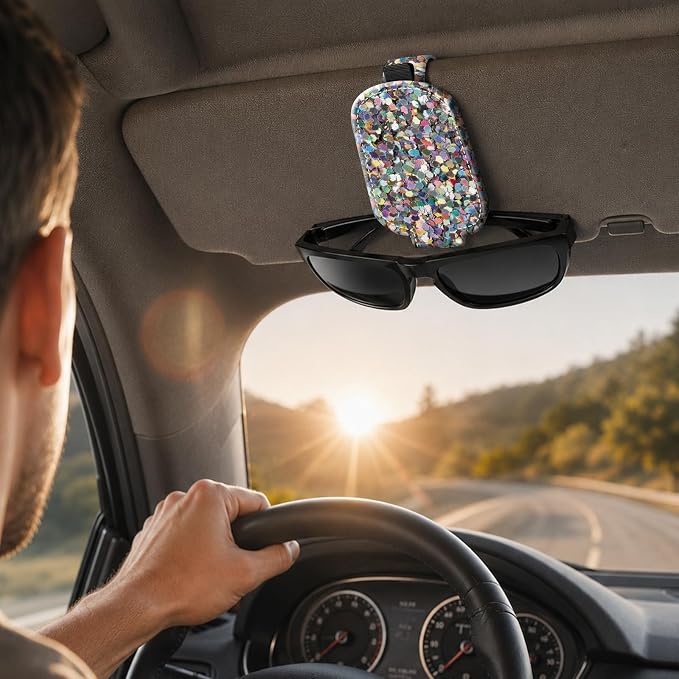 Sunglasses Holder for Car Visor, PU Leather Glasses Clip Organizer, Cute Magnetic Eyeglass Holder for Vehicle Sun Visor, Car Interior Accessory for Women & Men, Glitter - Image 6