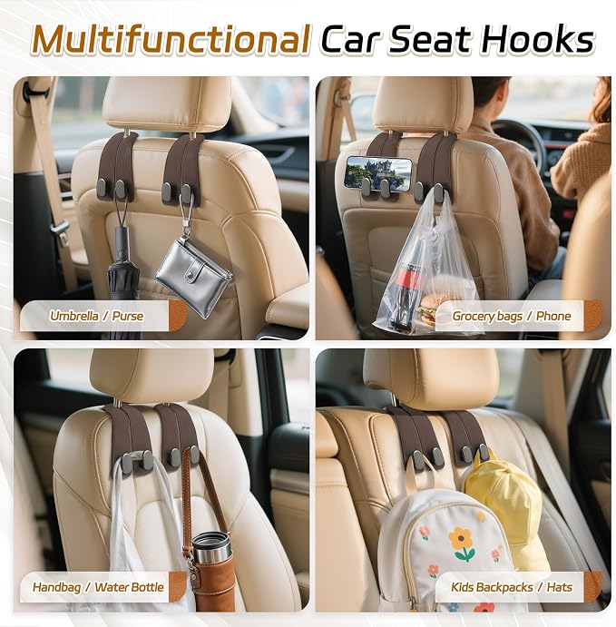 Car Seat Headrest Hooks, 2PCS Universal Car Purse Hook Leather Car Bag Hook | Brown Car Bag Purse Holder with Double Metal Hooks for Handbags, Grocery Bags, Bottles, Phones - Image 7