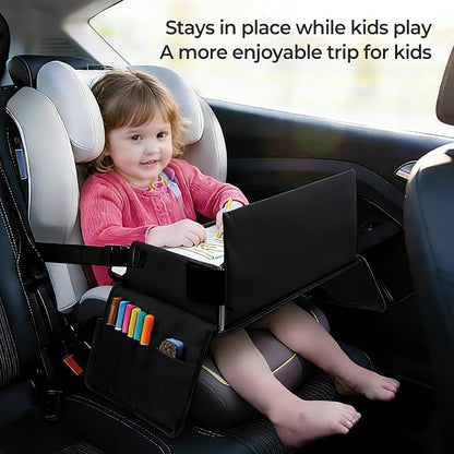 Kids Travel Tray for Car Seat, Carseat Table Tray for Kids Road Trip Activities, Car Trays for Kid Roadtrip Essentials, Toddler Lap Desk Organizer for Airplane - Black - Image 2