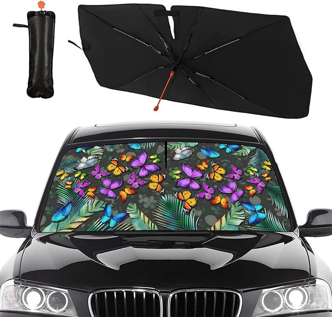 Tropical Butterfly Car Windshield Sunshade Umbrella Car Foldable Umbrella Sunshade for Front Window UV Reflector Auto Windshield Umbrella Sun Shades Cover for Most Vehicles 57'' X 30'' by Socira