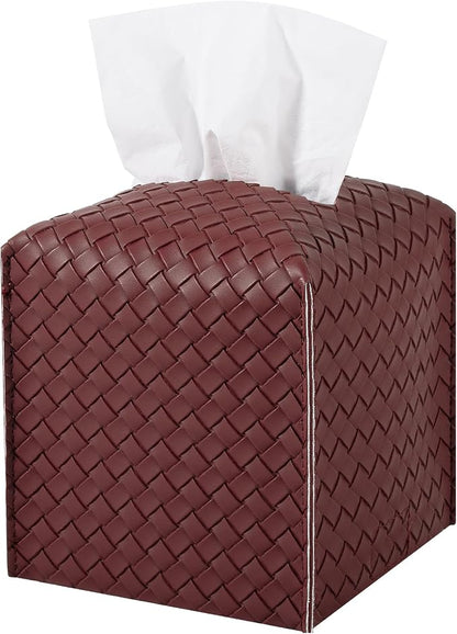 Tissue Box Cover Square Leather Facial Paper Holder, Dark red | PU Leather，Easy to Fill, Easy Clean, Decorative Cube Tissue Box Holder for Office, Bathroom,Kitchen, Living room, Guest room by zoocatia
