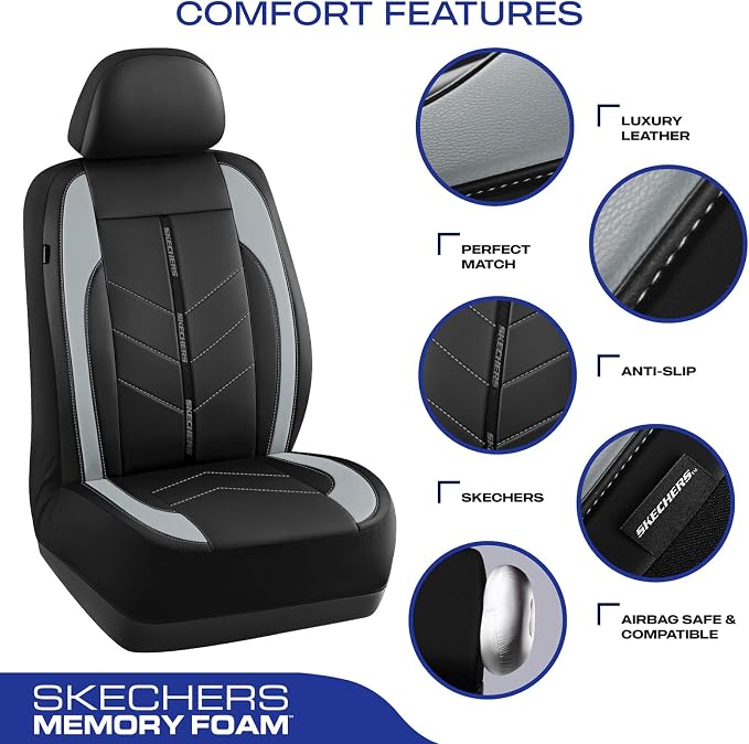 Skechers Car Seat Covers,Luxury Faux Leather Seat Covers,Waterproof Anti Slip Car Seat Protector Front Seats,Car Accessories Airbag Universal Fit for Most Cars,Vans,Trucks,SUV,Grey - Image 3