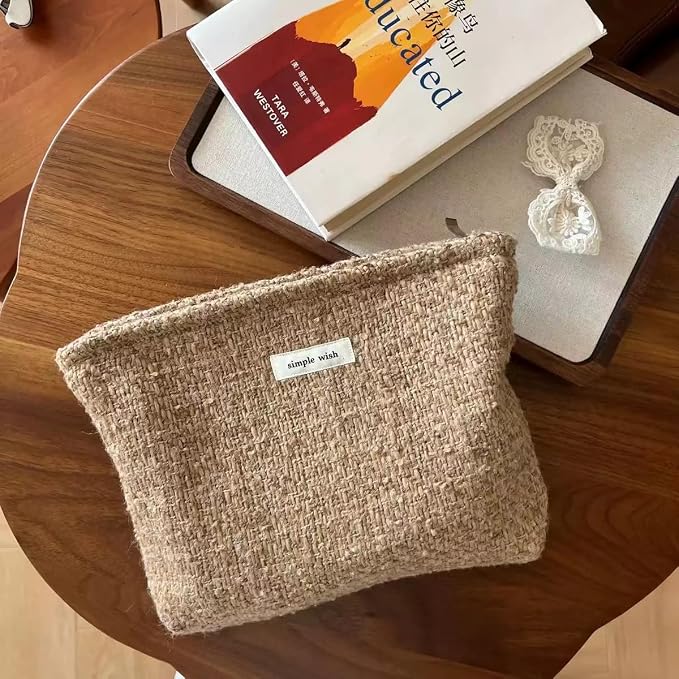 RSRSLEII Travel Woven Woolen Makeup Bag, Vintage Toiletry Bag(04Brown Wool) | Aesthetic Portable Cosmetic Bag with Zipper, Cute Makeup Pouch with Canvas Lining, Car Storage Bag for Women and Girls - Image 2