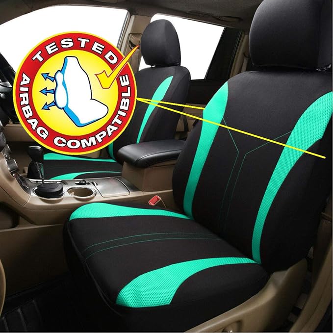 Flying Banner Car Seat Covers 2 Front Seats Mesh Fabric Splicing Polyester Cover Black with Green Color - Image 4