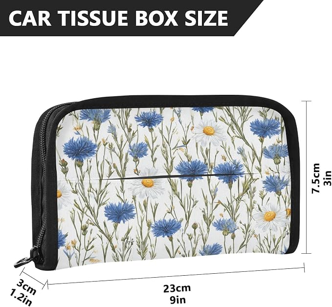 Car Tissue Holder Car Napkin Holder Tissue Box Dispenser Storage Case Sun Visor Mask Holder with Adjustable Straps Reusable Refillable Blue and White Daisy03 - Image 4