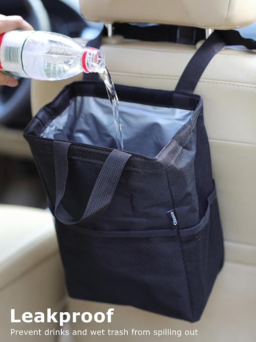 Ginsco New Leak-Proof Travel Trash Bag, Hanging Car Trash Can with Hook and Loop Lid and Handle, Multipurpose Trash Bin with Storage Pockets for Car SUV Truck RV Camping 2 Gallons, Black - Image 3