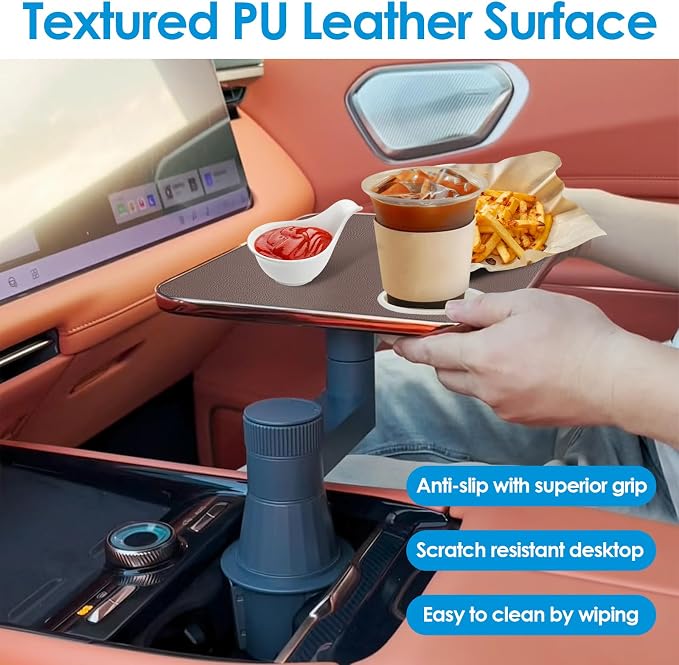Car Tray& Car Desk for Laptop,Dual 360° Rotating,Anti Slip Leather Surface, Food Tray, Cup Holder Table Compatible with Tesla Model Y/3/S, Ford F150/Explorer/Maverick/Home Theater Seating (Brown) - Image 3