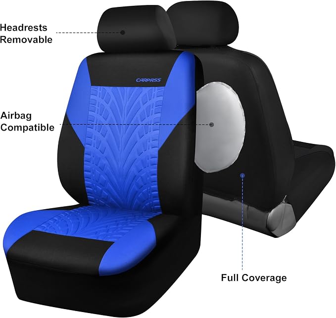 CAR PASS Car Seat Covers Two Front Only for Car, 3D Tyre Print Automotive Interior Covers, Airbag Compatible, Quick Setup Universal Fit Seat Covers for Car, Truck, SUV(Black and Blue) - Image 5