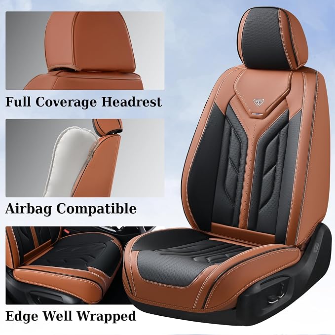 Coverado Front Seat Covers, Car Seat Covers Front Seats, Leather Seat Covers for Cars, Automotive Seat Covers Car Seat Protector Car Accessories Fit for Most Sedans SUV Pick-up Truck(Black&Brown) - Image 3