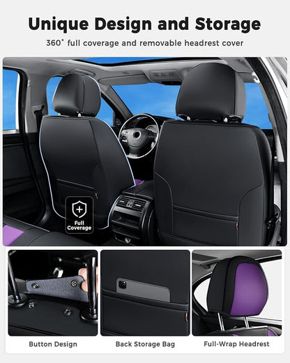 Huidasource Front Car Seat Cover Luxury Nappa Leather, Leather Front Seat Covers with Airbag, Front Storage Pocket, Lumbar Support, Cooling＆Heating Universal Fit for Most Cars SUV Trucks, Black&Purple - Image 4