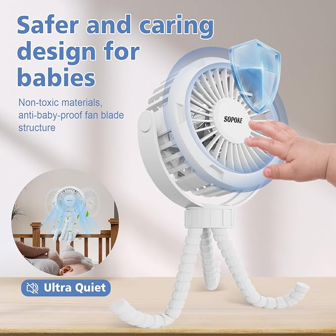 SOPOKE 3 Speed Mini Rechargeable Baby Stroller Fan, Yellow | 360° Flexible Tripod, Handheld Design, for Car Seat Crib Treadmill Golf Cart Travel - Image 4