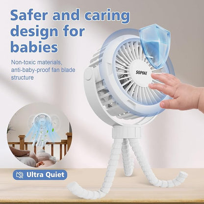 SOPOKE 3 Speed Mini Rechargeable Baby Stroller Fan, Yellow | 360° Flexible Tripod, Handheld Design, for Car Seat Crib Treadmill Golf Cart Travel - Image 4