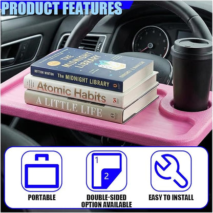 Car Steering Wheel Desk, 2 in 1 Multipurpose Auto Steering Wheel Tray with Drink Holder and Pen Slot, Portable Vehicle Computer Office Table Travel Accessories for Laptop, Food (Pink) - Image 4