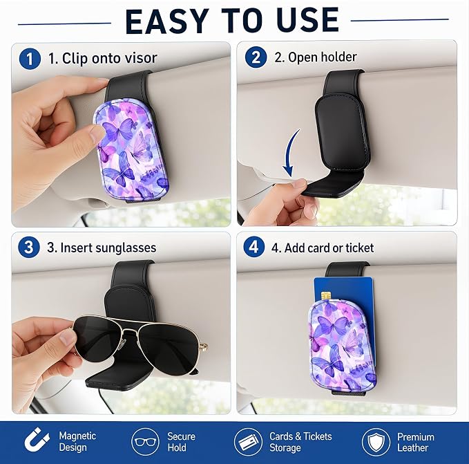 Leather Magnetic Sunglass Holder for Car Sun Visor, Cute Eyeglass Ticket Card Hanger Clip, Universal Auto Interior Accessories for SUV Pickup Truck, Purple Butterfly - Image 5