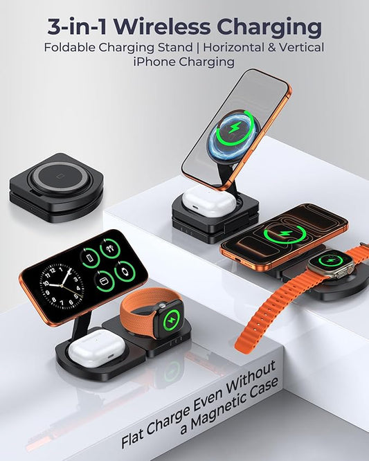 Wireless Charger for iPhone, 3-in-1 Magnetic Charging Station, Foldable | Compatible with iPhone 17 Air 16 15 14 13 12 Series, AirPods Pro, Apple Watch Ultra, Compact & Portable, No Adapter, Black - Image 2