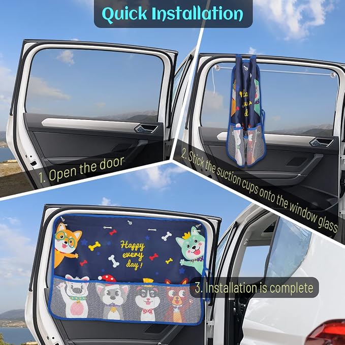 DIZA100 2 Pack Car Window Shade for Baby, Blackout Car Sun Shades with Storage Pockets, 7 Suction Cups, Blue, Cute Patterns for Sun/Heat/UV Rays Protection, Standard Passenger Cars - Image 6