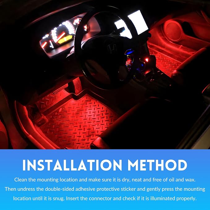 Car LED Strip Light, 12V 24 LEDs RGB Car Atmosphere Lamp with Cigarette Adapter Plug, Vehicle Under Dash Floor Ambient Night Decorative Lighting Kit (Red) - Image 6