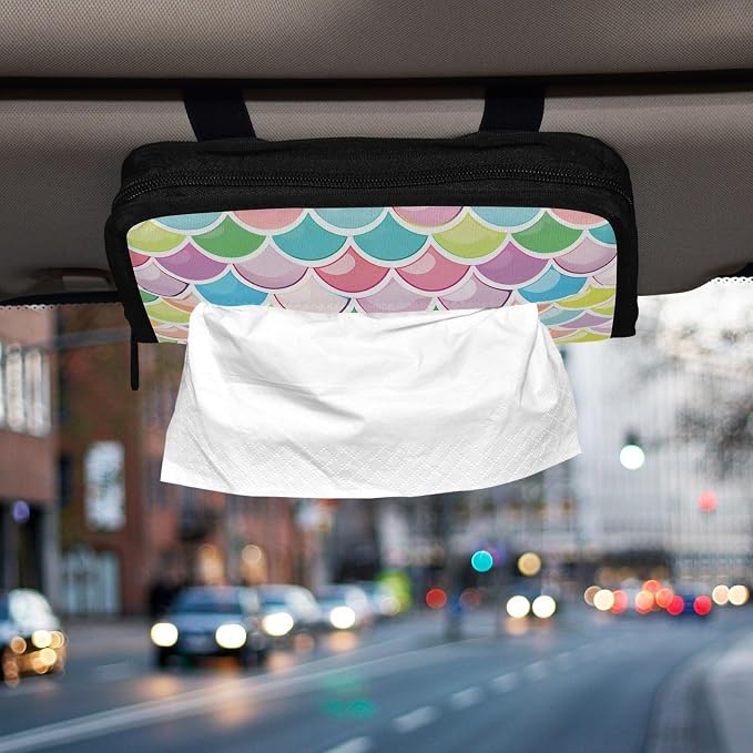 Car Tissue Holder Car Napkin Holder Tissue Box Dispenser Storage Case Sun Visor Mask Holder Accessories with Adjustable Straps Reusable Refillable Bright Multicolor Mermaid Scale - Image 6
