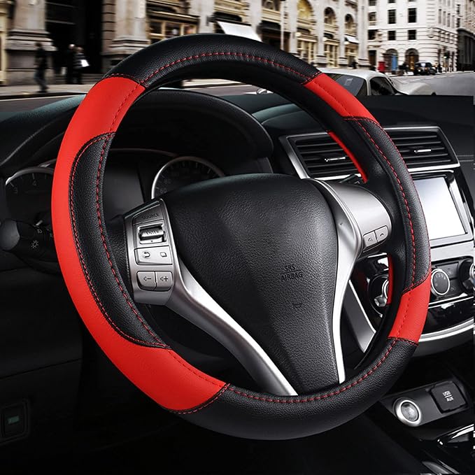 Leather Car Steering Wheel Cover Universal Fit for Most Cars, Black & Red | Microfiber Leather,Non-Slip Breathable Auto Steering Wheel Protector by Szttswamp