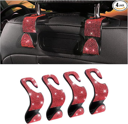 Moly Magnolia Bling Car Seat Headrest Hooks, 4PCS Handcrafted Rhinestones Seat Hanger Organizer for Handbag Purse Scarf, Universal for Cars, Auto Interior Accessories for Women Men (Red) by Moly+Magnolia