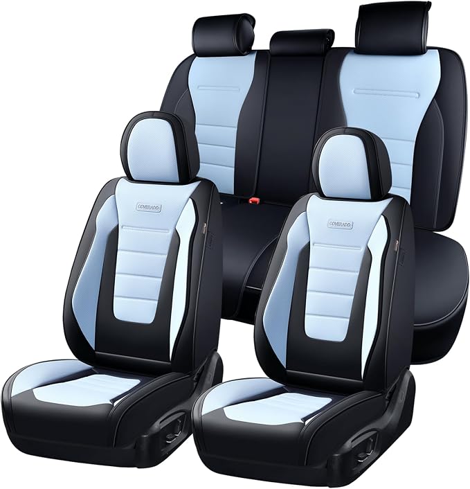 Coverado Car Seat Covers Full Set, Nappa Leather Seat Covers for Cars, Car Seat Protector Car Seat Cushion, Front and Back Seat Protectors Cushions Universal Fit for Most Cars (Black&Light Blue) by COVERADOAUTO
