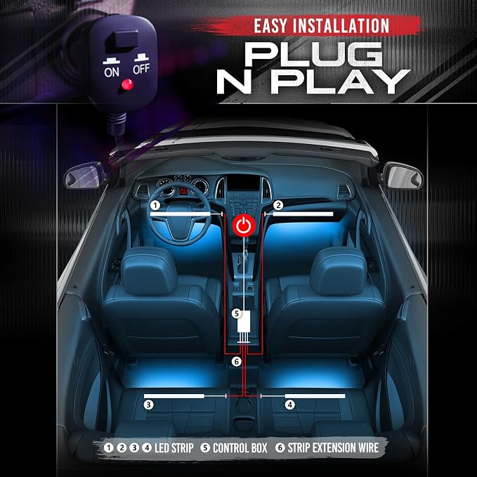 OPT7 Aura RGB Interior Car Lights with Remote Control, 4PC LED Strips Kit | Interior Ambient Glow, Sound Sync Lighting, 12V Car Charger, Flexible Light Strips, SUV Under Dash Decoration - Image 4