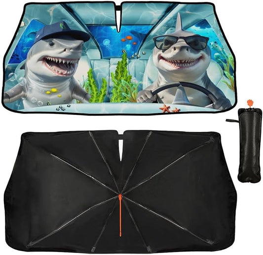 Funny Sharks Car Windshield Sunshade Umbrella Car Foldable Umbrella Sunshade for Front Window UV Reflector Auto Windshield Umbrella Sun Shades Cover for Most Vehicles 57'' X 30'' by Socira