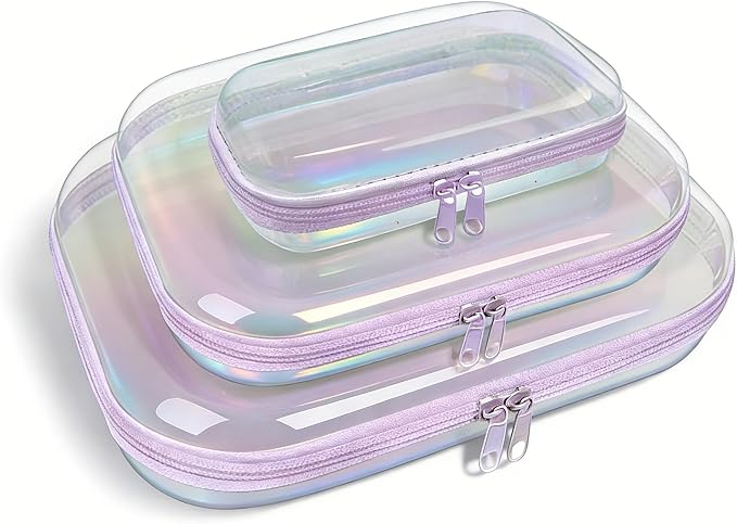 Clear Hard Shell Zipper Case,3PCS Transparent Clear Laser Zipper Pouches,Hard Side Plastic Case Set,Portable Travel Storage Organizer Bins by honitty