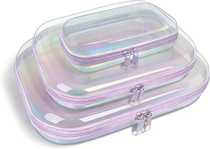 Clear Hard Shell Zipper Case,3PCS Transparent Clear Laser Zipper Pouches,Hard Side Plastic Case Set,Portable Travel Storage Organizer Bins by honitty