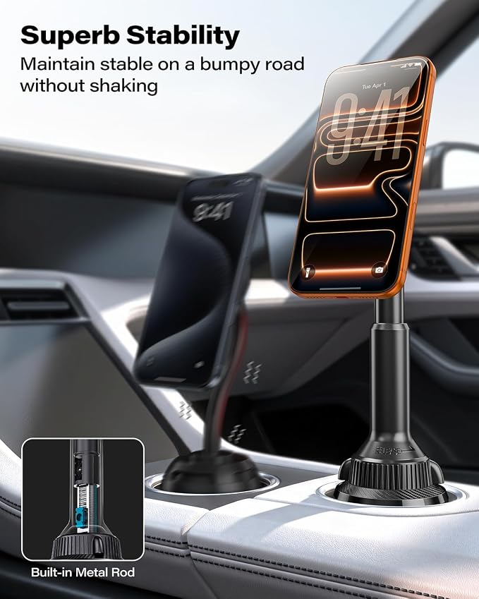 Phone Cup Holder for Car Mount for MagSafe, Quick Extension Long Arm | 360° Rotation, Fits 3"-4" Cup Holders - Stable & Secure for iPhone 12-17 Series, Carbon Fiber Pattern - Image 6